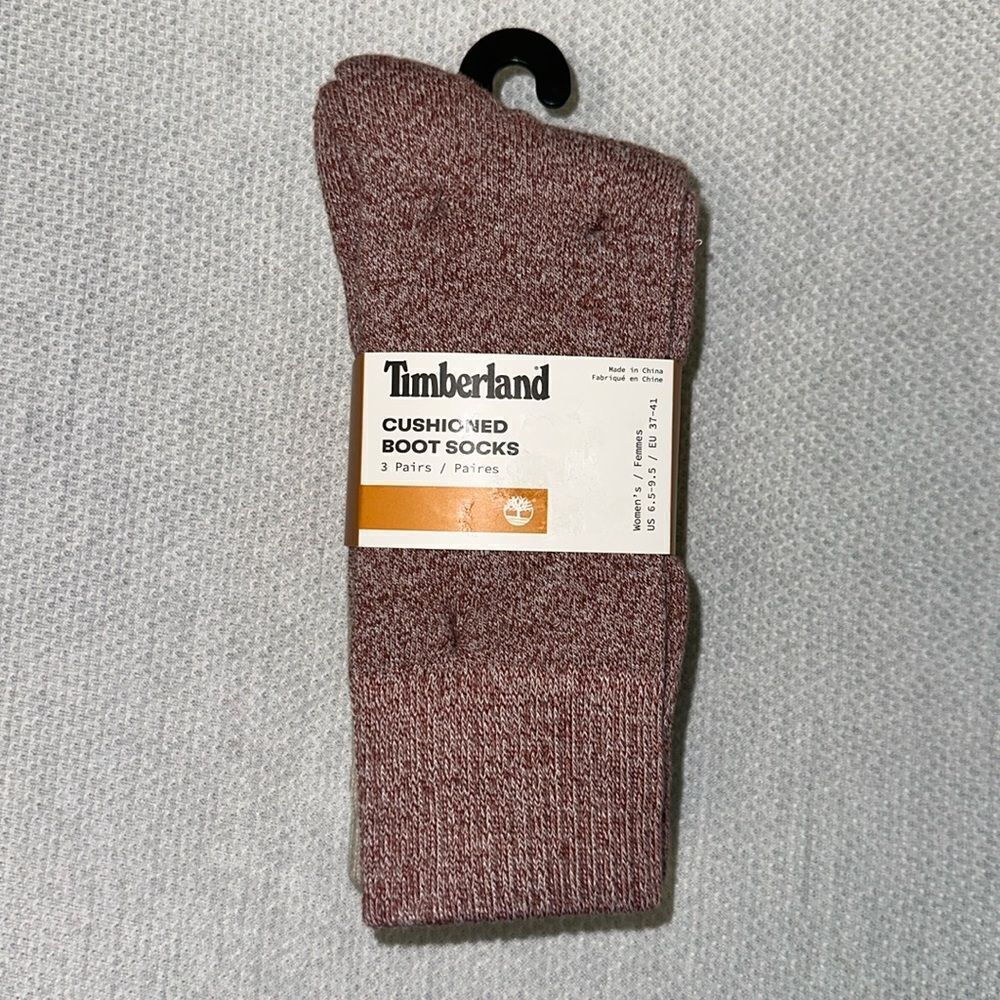Timberland Beige Heather Burgundy Tan W6.5-9.5 Knit Cushioned Boot Socks 3 Pack